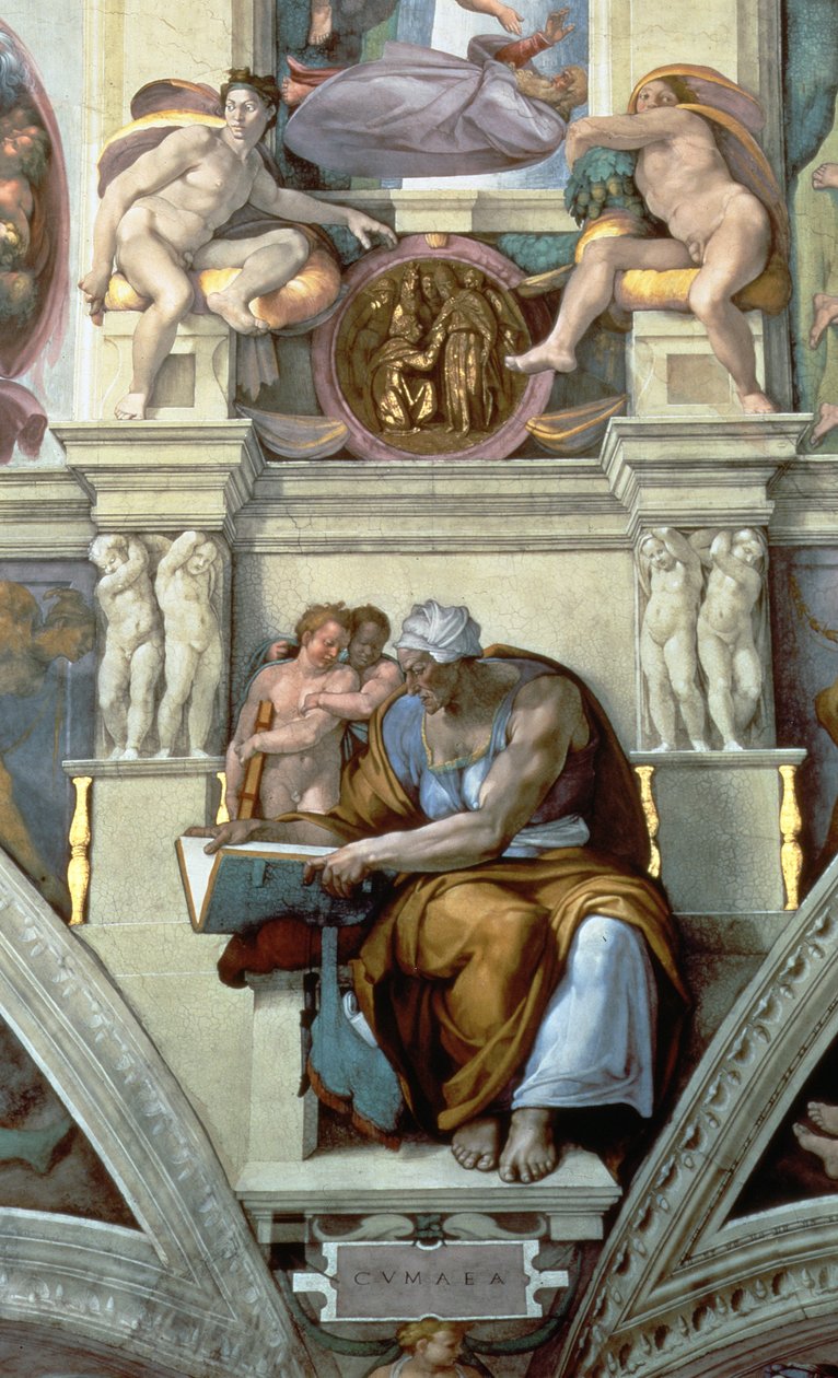Sufit Kaplicy Sykstyńskiej: Sybilla Kumejska, fresk z 1510 roku, detal po renowacji 76588 autorstwa Michelangelo Buonarroti