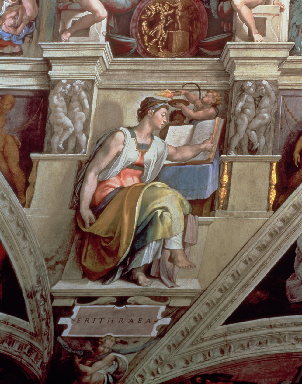 Sufit w Kaplicy Sykstyńskiej: Sybilla Erythraeańska, 1510 (po renowacji) autorstwa Michelangelo Buonarroti