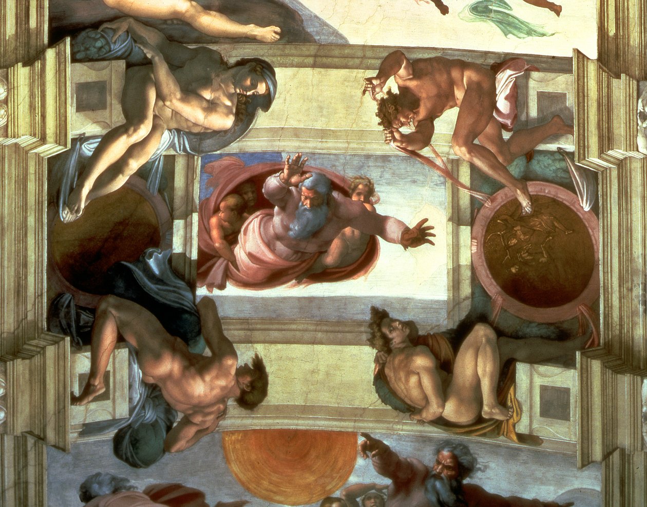 Sufit Kaplicy Sykstyńskiej: Bóg oddzielający ziemię od morza, z czterema Ignudi, 1510 (po renowacji) autorstwa Michelangelo Buonarroti