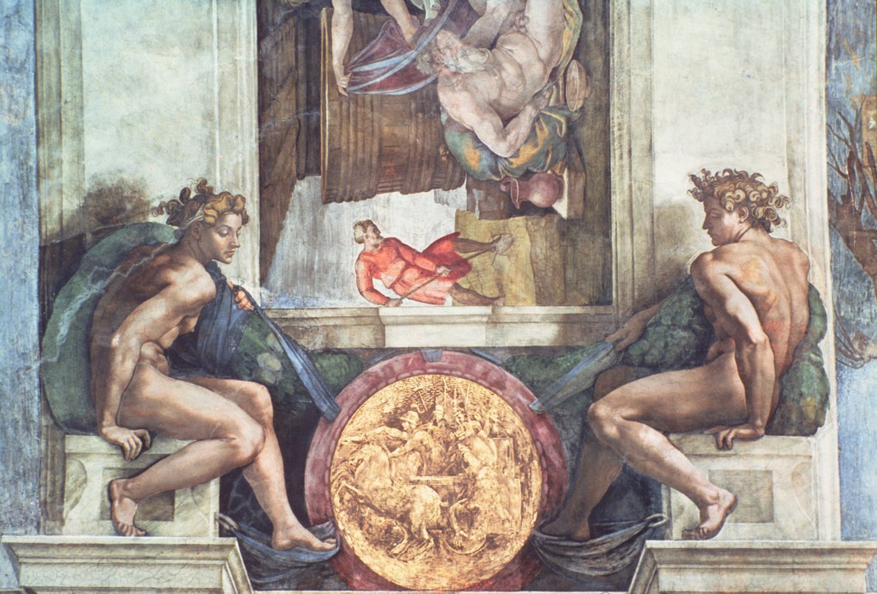 Sufit Kaplicy Sykstyńskiej: Ignudi (przed renowacją) autorstwa Michelangelo Buonarroti