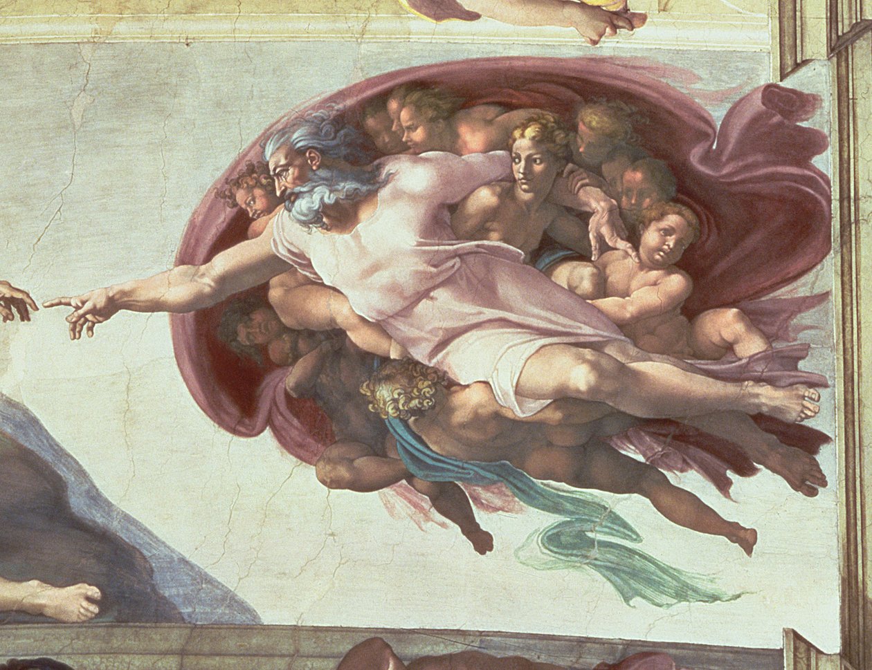 Sufit Kaplicy Sykstyńskiej: Stworzenie Adama, fragment Boga Ojca, 1508-12 (po renowacji) autorstwa Michelangelo Buonarroti