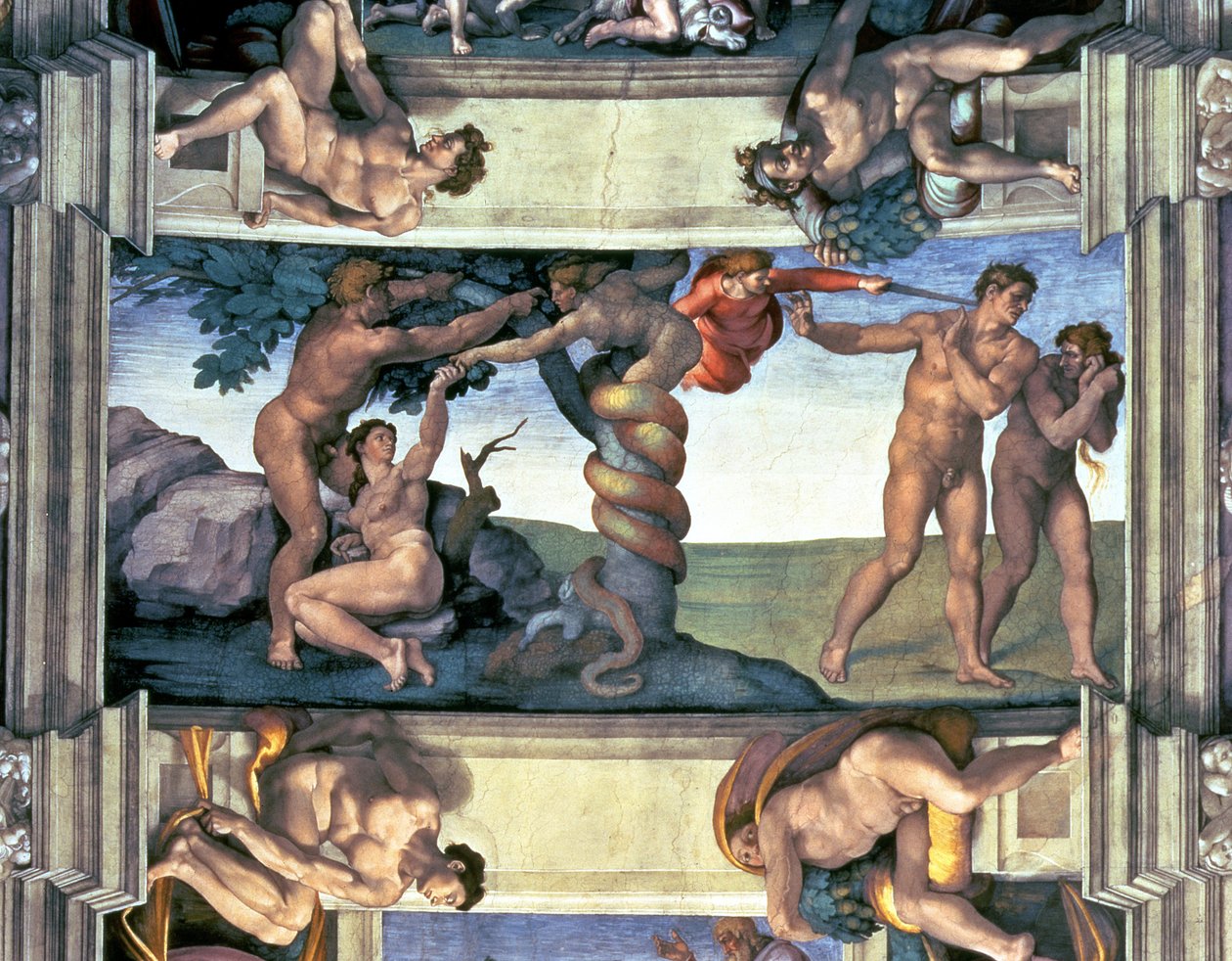 Sufit Kaplicy Sykstyńskiej: Upadek człowieka i wygnanie z Ogrodu Eden, z czterema Ignudi, 1510 (po renowacji) autorstwa Michelangelo Buonarroti