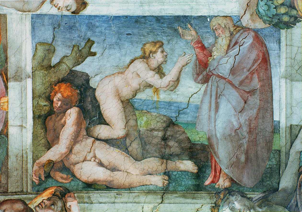 Sufit Kaplicy Sykstyńskiej: Stworzenie wigilii, z czterema Ignudi, 1511 (przed renowacją) autorstwa Michelangelo Buonarroti