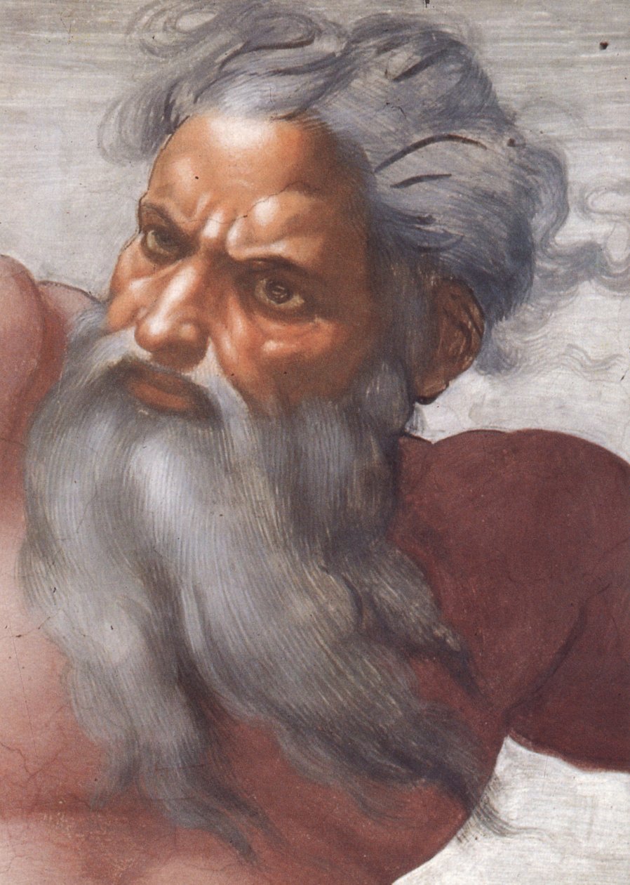 Sufit Kaplicy Sykstyńskiej: Stworzenie Słońca i Księżyca, 1508-12, szczegół twarzy Boga autorstwa Michelangelo Buonarroti