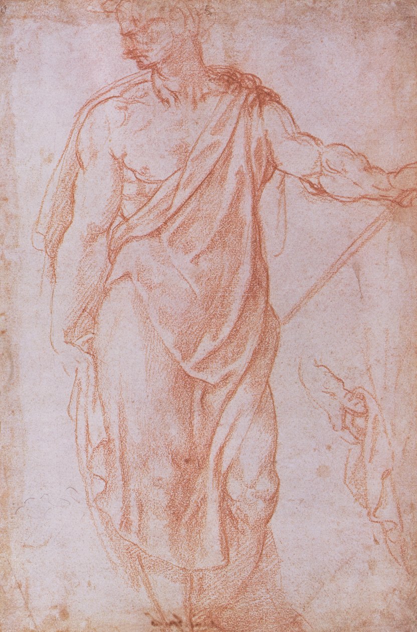 Szkic mężczyzny trzymającego laskę i studium dłoni (czerwona kreda na papierze) autorstwa Michelangelo Buonarroti