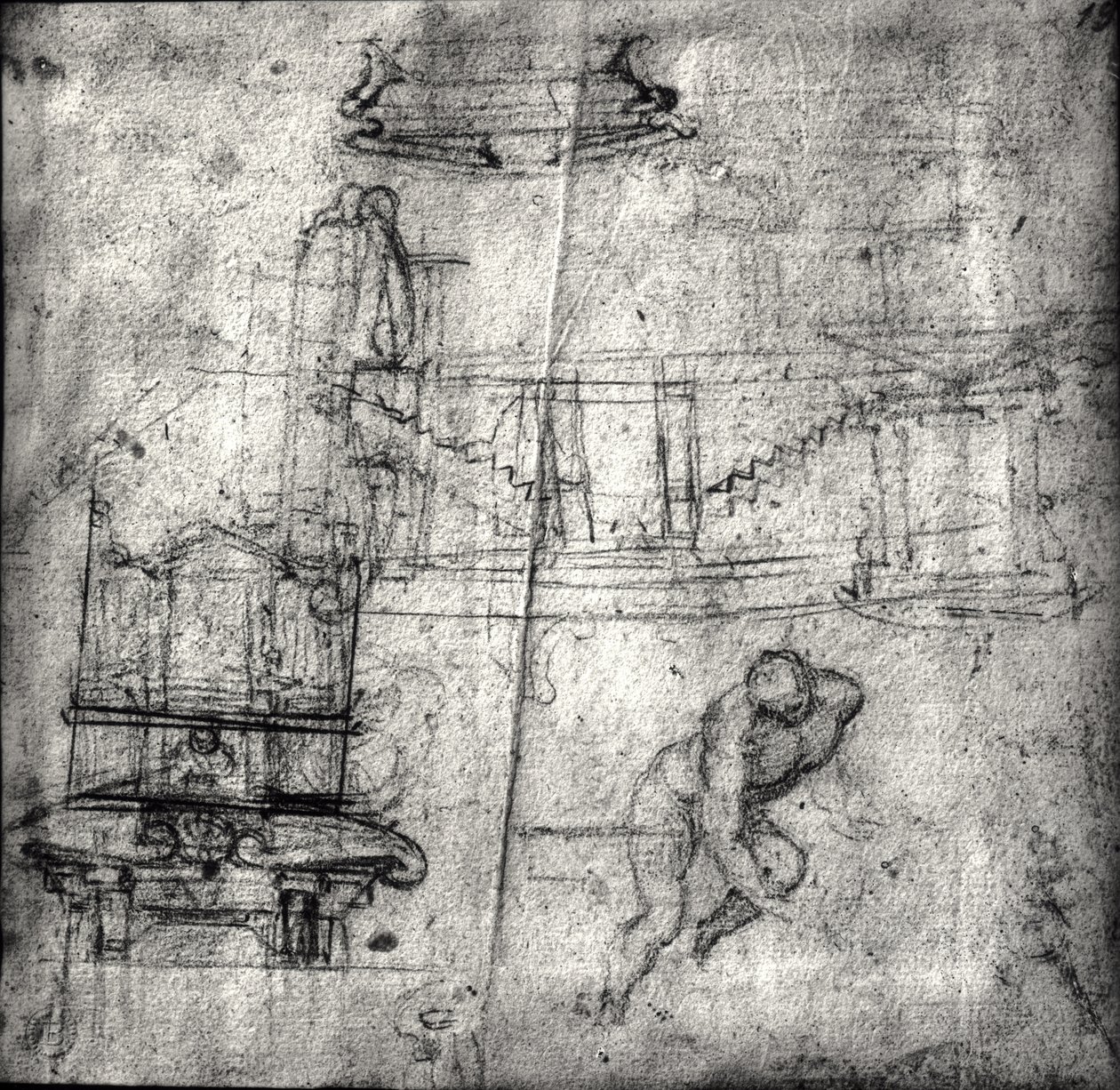 Szkic ze studiami architektonicznymi i aktem męskim autorstwa Michelangelo Buonarroti