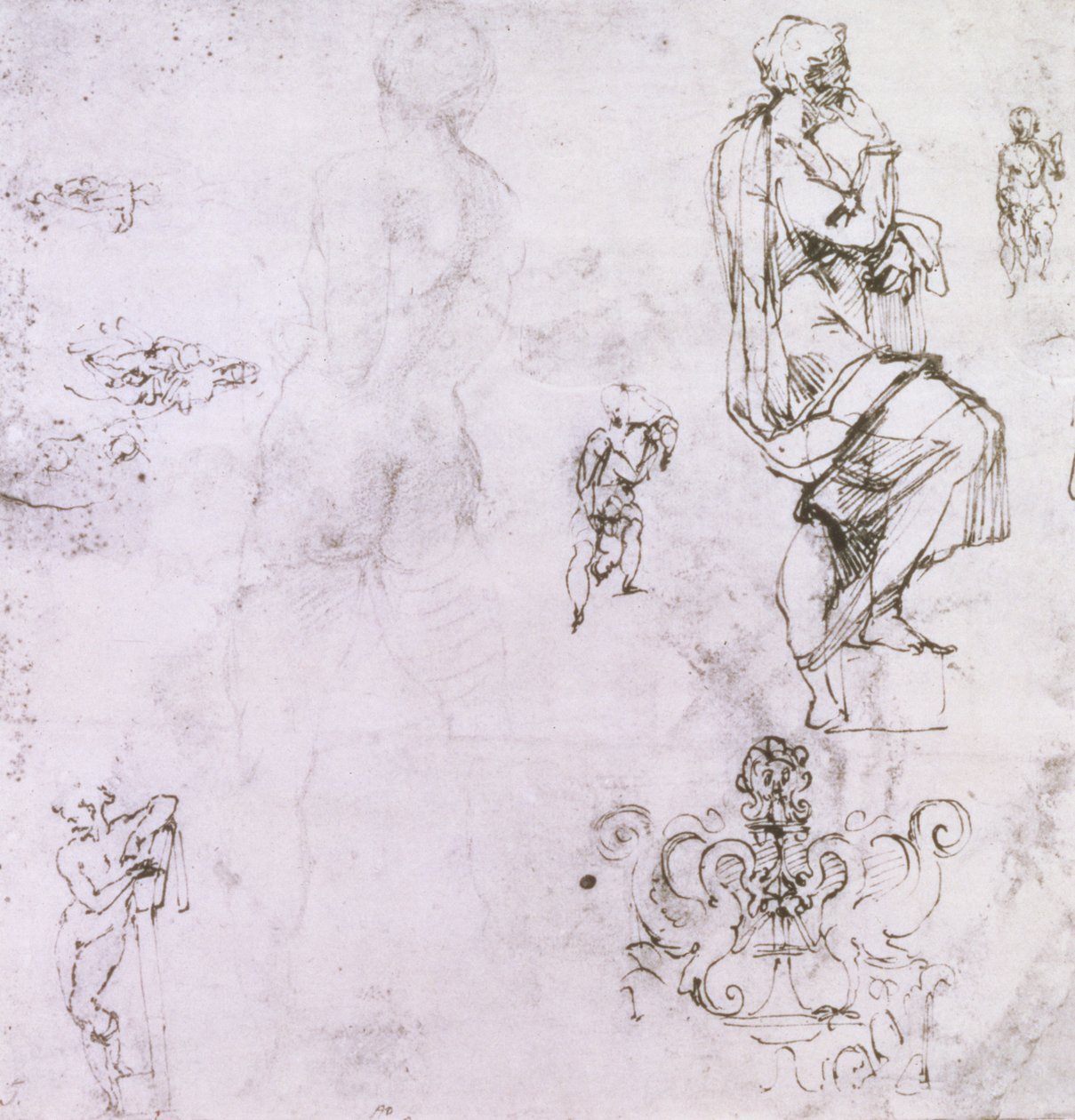 Szkice aktów męskich, madonny z dzieckiem i godła dekoracyjnego (pióro, tusz i węgiel na papierze) autorstwa Michelangelo Buonarroti