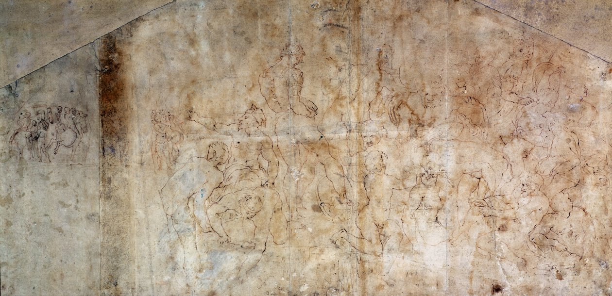 Studium do „Bitwa pod Cascina” 1504 (brązowy tusz na papierze) (odbytnicy) autorstwa Michelangelo Buonarroti