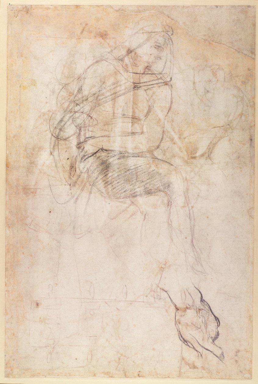 Studium do Ignudi nad Sybillą Perską w Kaplicy Sykstyńskiej, 1508-12 (węgiel drzewny na papierze) (verso) autorstwa Michelangelo Buonarroti