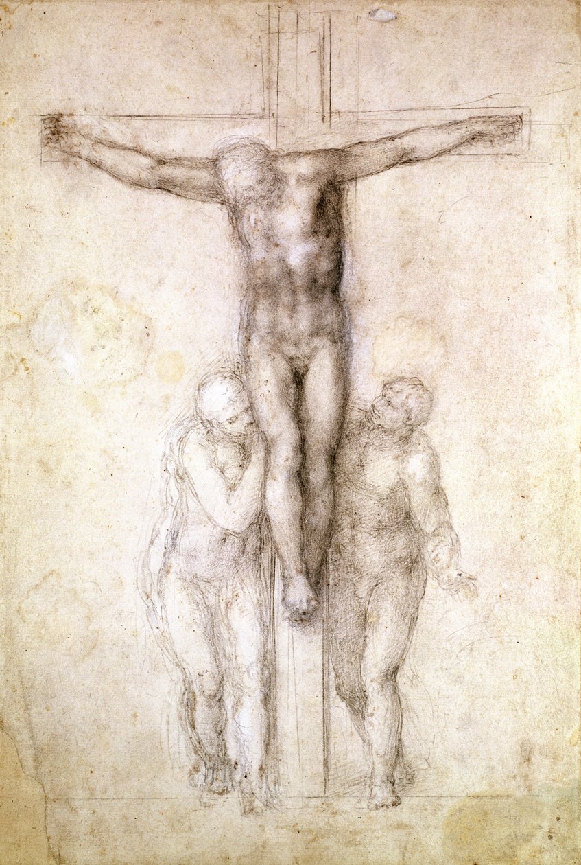 Studium Chrystusa na krzyżu między Dziewicą a św. Janem Ewangelistą (czarna kreda na papierze) (recto) autorstwa Michelangelo Buonarroti