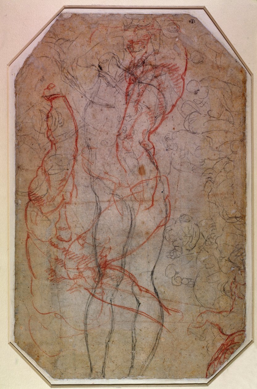 Studium postaci i stworzenia Adama (ołówek i czerwona kreda na papierze) (verso) autorstwa Michelangelo Buonarroti