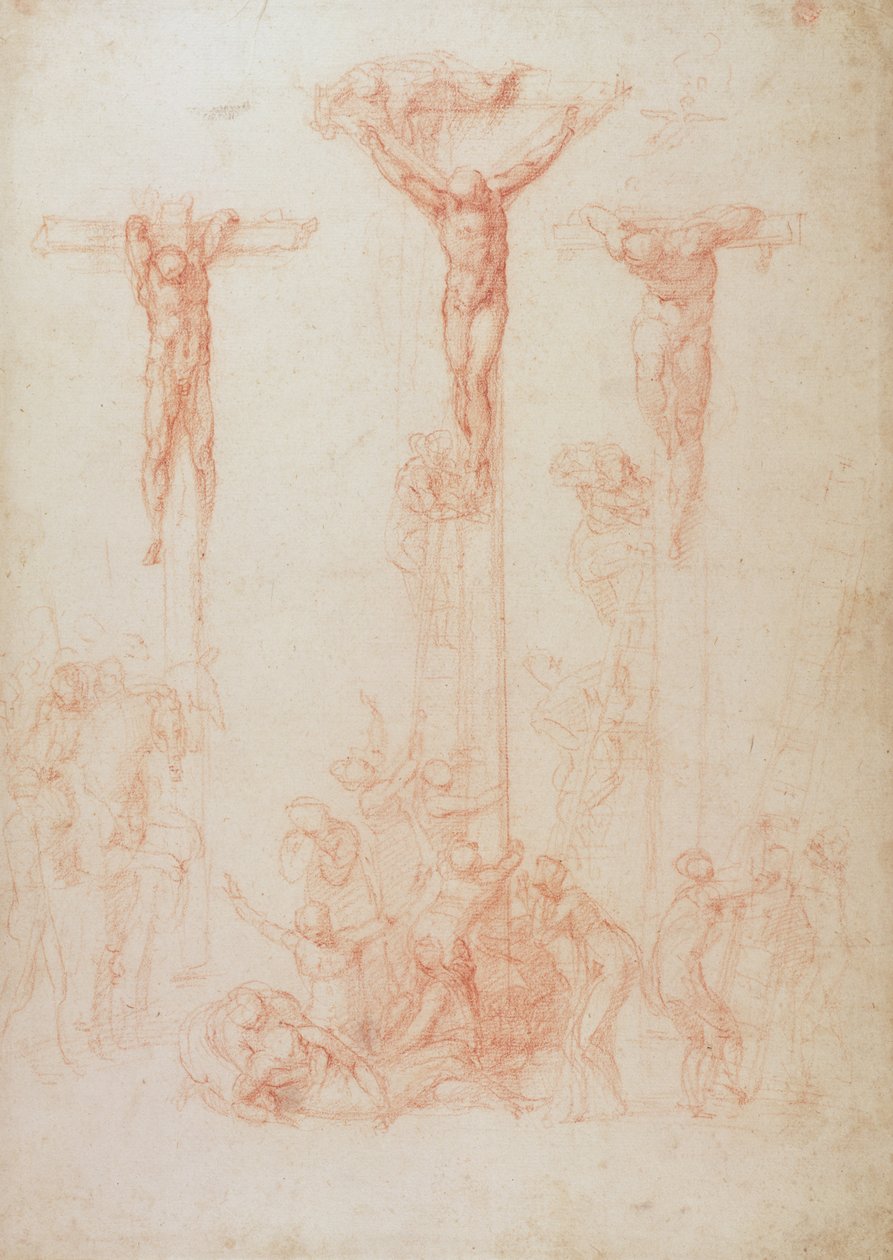 Studium Trzech Krzyży (czerwona kreda na papierze) autorstwa Michelangelo Buonarroti