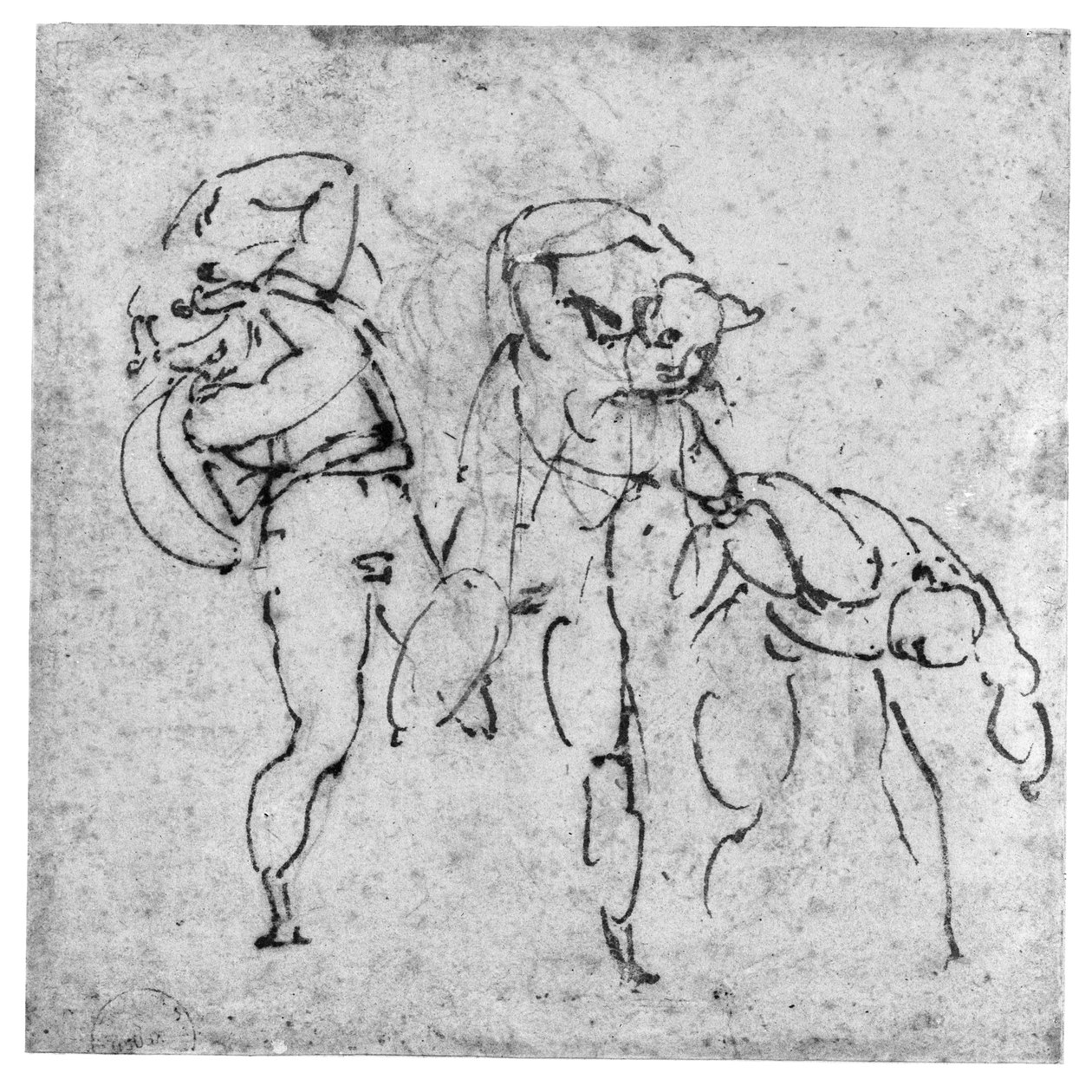 Study of Three Figures, c.1517-20 (pióro i brązowy tusz nad punktem ołowiu na papierze w kolorze złamanej bieli) autorstwa Michelangelo Buonarroti