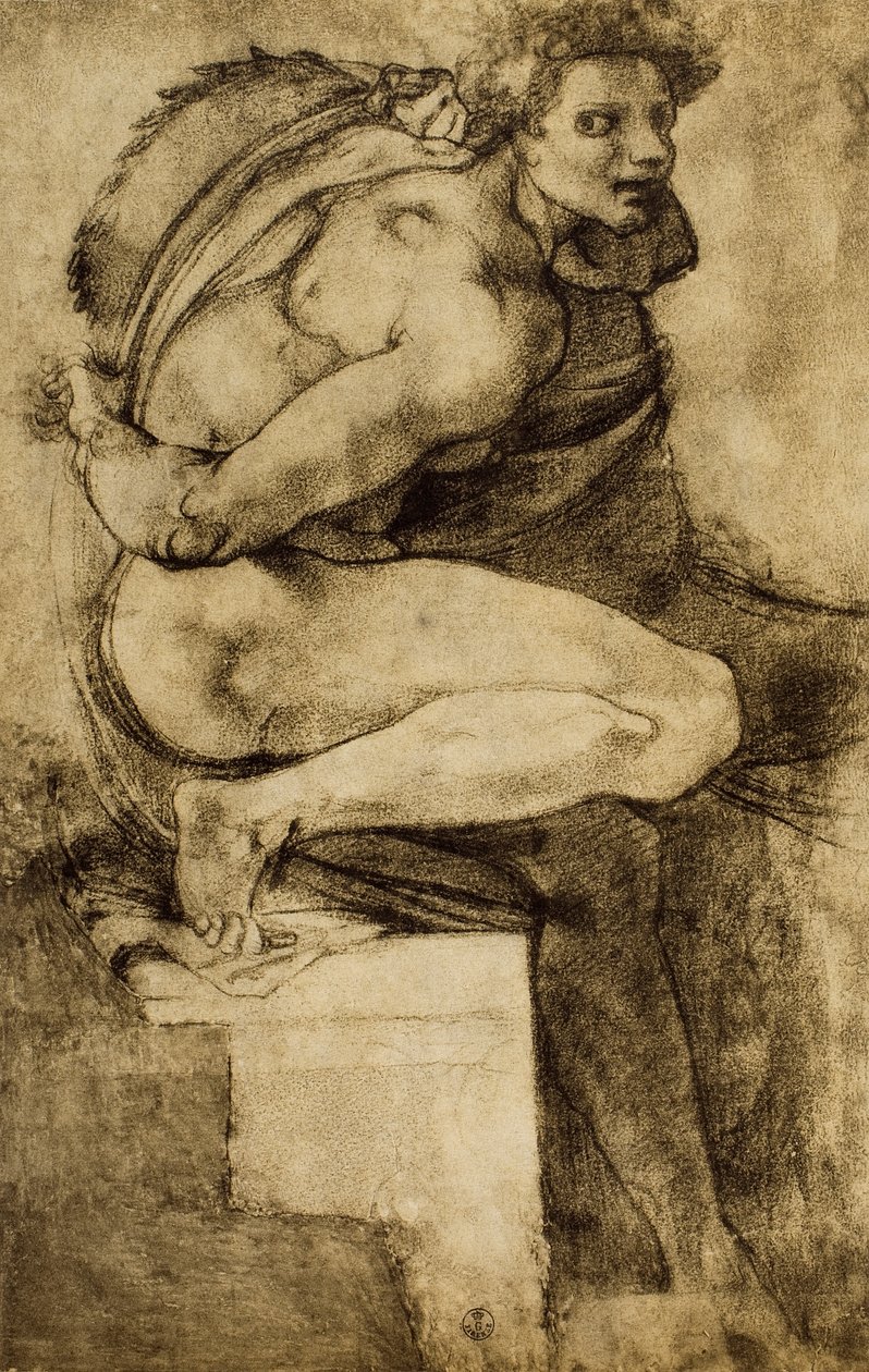 Studium aktu męskiego z ugiętą nogą, rysunek Michała Anioła. Gabinetto dei Disegni e delle Stampe, Uffizi, Florencja autorstwa Michelangelo Buonarroti
