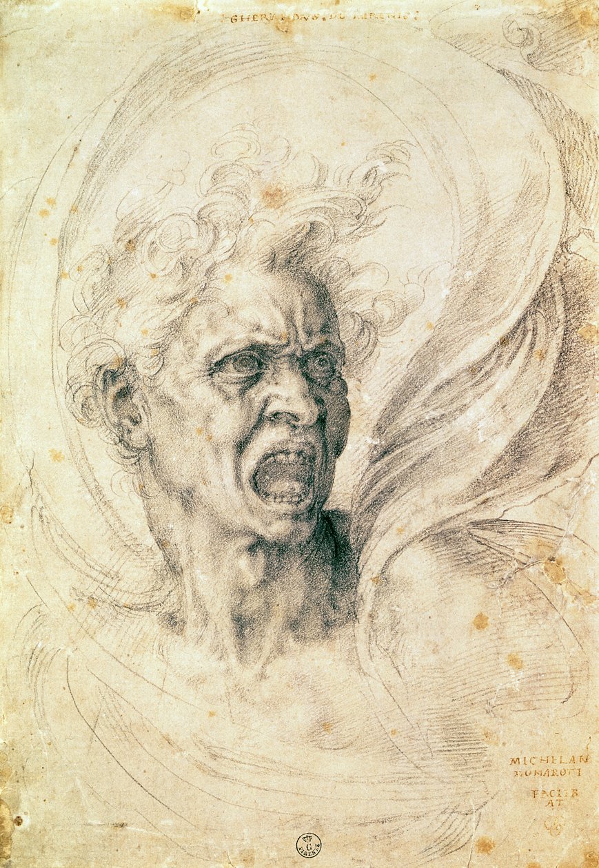 Studium krzyczącego mężczyzny (węgiel na papierze) autorstwa Michelangelo Buonarroti