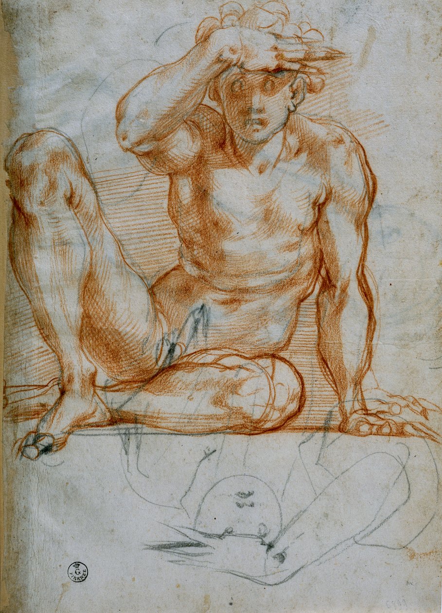 Studium aktu rzucającego cień ręką (6599 F), czerwony ołówek na papierze, Michelangelo Buonarroti (1475-1564), Gabinet Rysunków i Druków, Galeria Uffizi, Florencja autorstwa Michelangelo Buonarroti