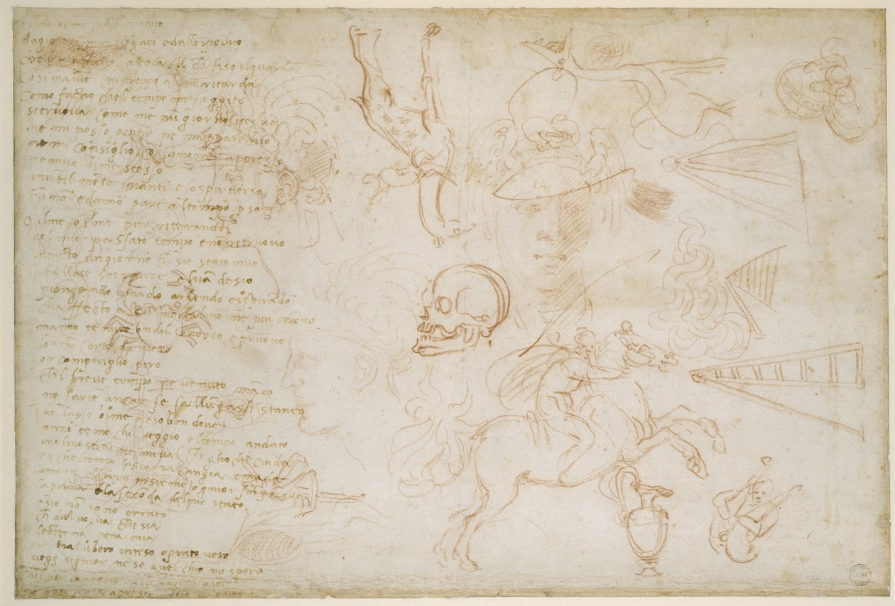 Studium głów i zwierząt, ok. 1525 (czerwona kreda i pióro na papierze) autorstwa Michelangelo Buonarroti