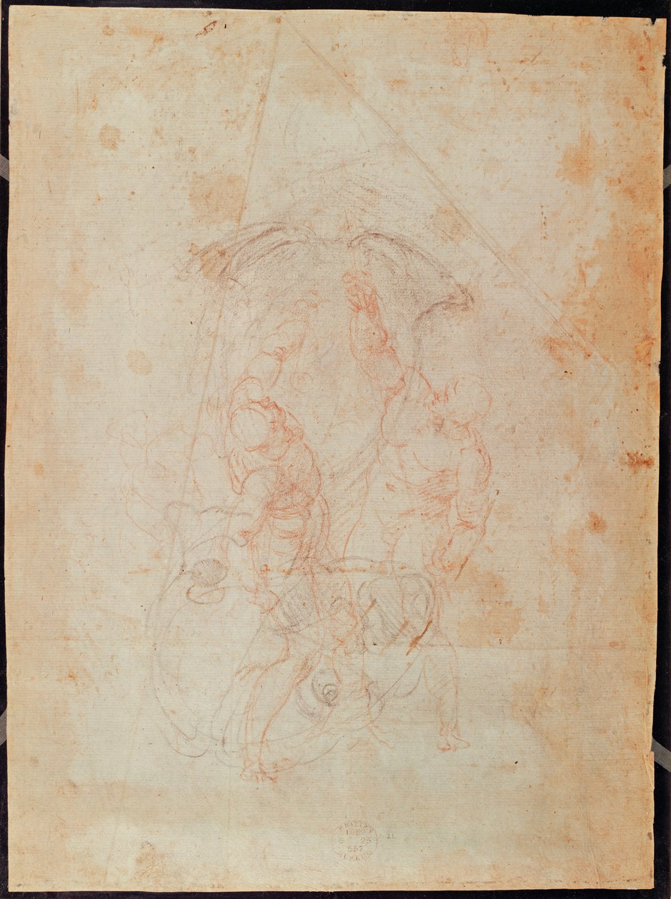 Studium dwóch postaci męskich (czerwona kreda na papierze) (verso) autorstwa Michelangelo Buonarroti