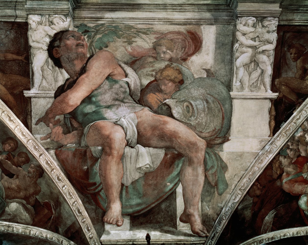 Prorok Jonasz, z Kaplicy Sykstyńskiej, 1538-41 (przed renowacją) autorstwa Michelangelo Buonarroti