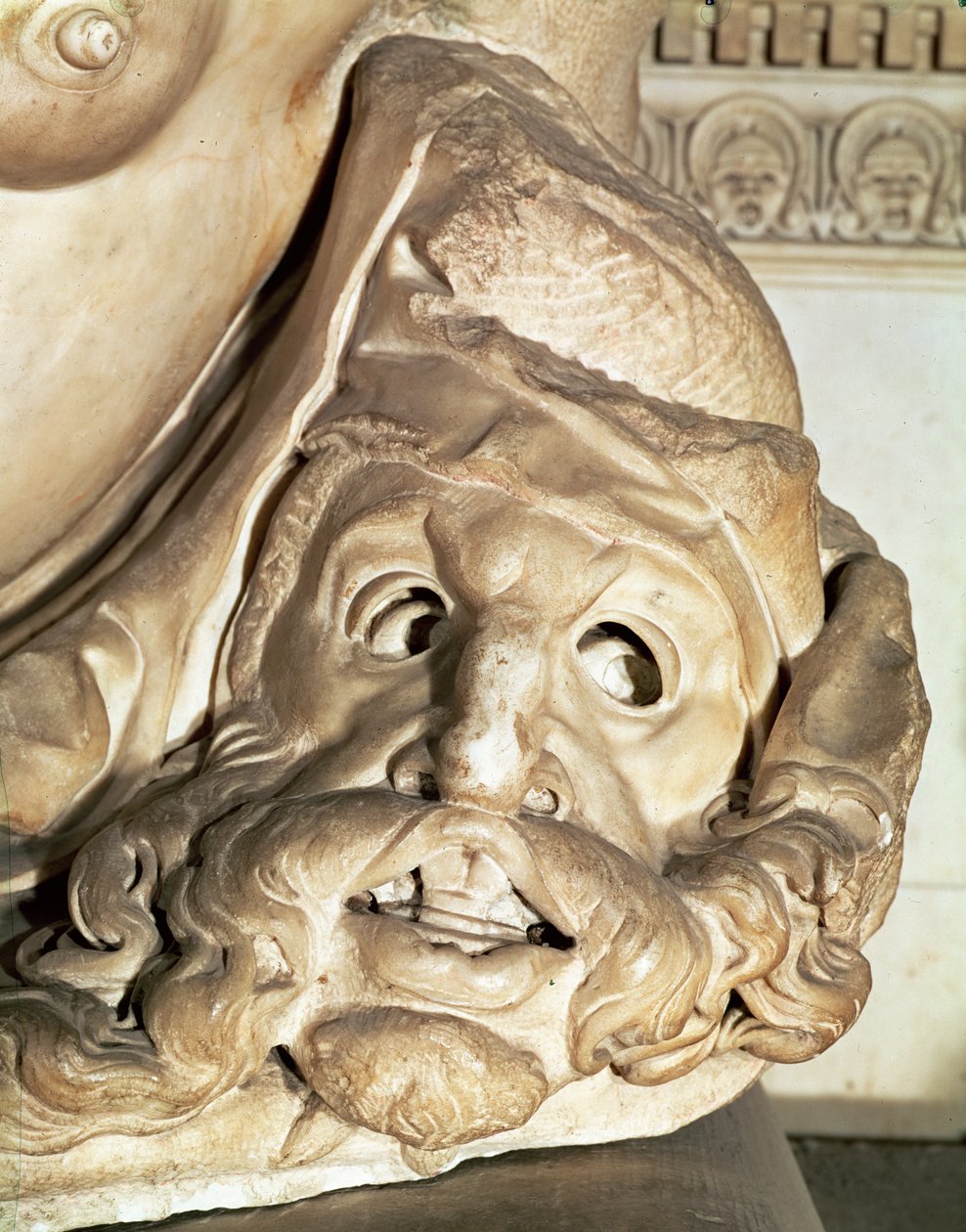 Grób Giuliano de Medici 1478-1516 fragment tragicznej maski pod pachą Nocy, 1520-34 marmur autorstwa Michelangelo Buonarroti