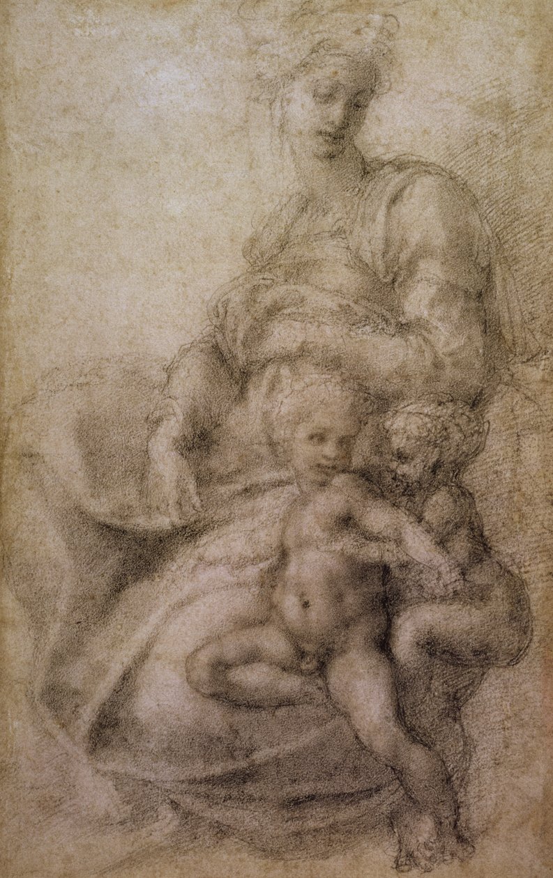 Dziewica z Dzieciątkiem z Dzieciątkiem Chrzcicielem, ok. 1530 (czarna kreda na papierze) autorstwa Michelangelo Buonarroti