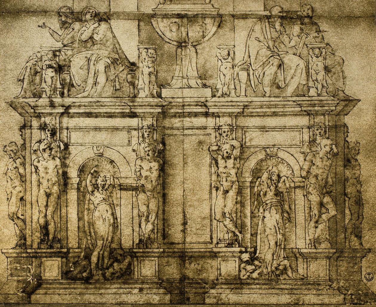 Grób papieża Juliusza II, rysunek przygotowawczy Michała Anioła, Gabinet Rysunków i Druków, Galeria Uffizi, Florencja autorstwa Michelangelo Buonarroti