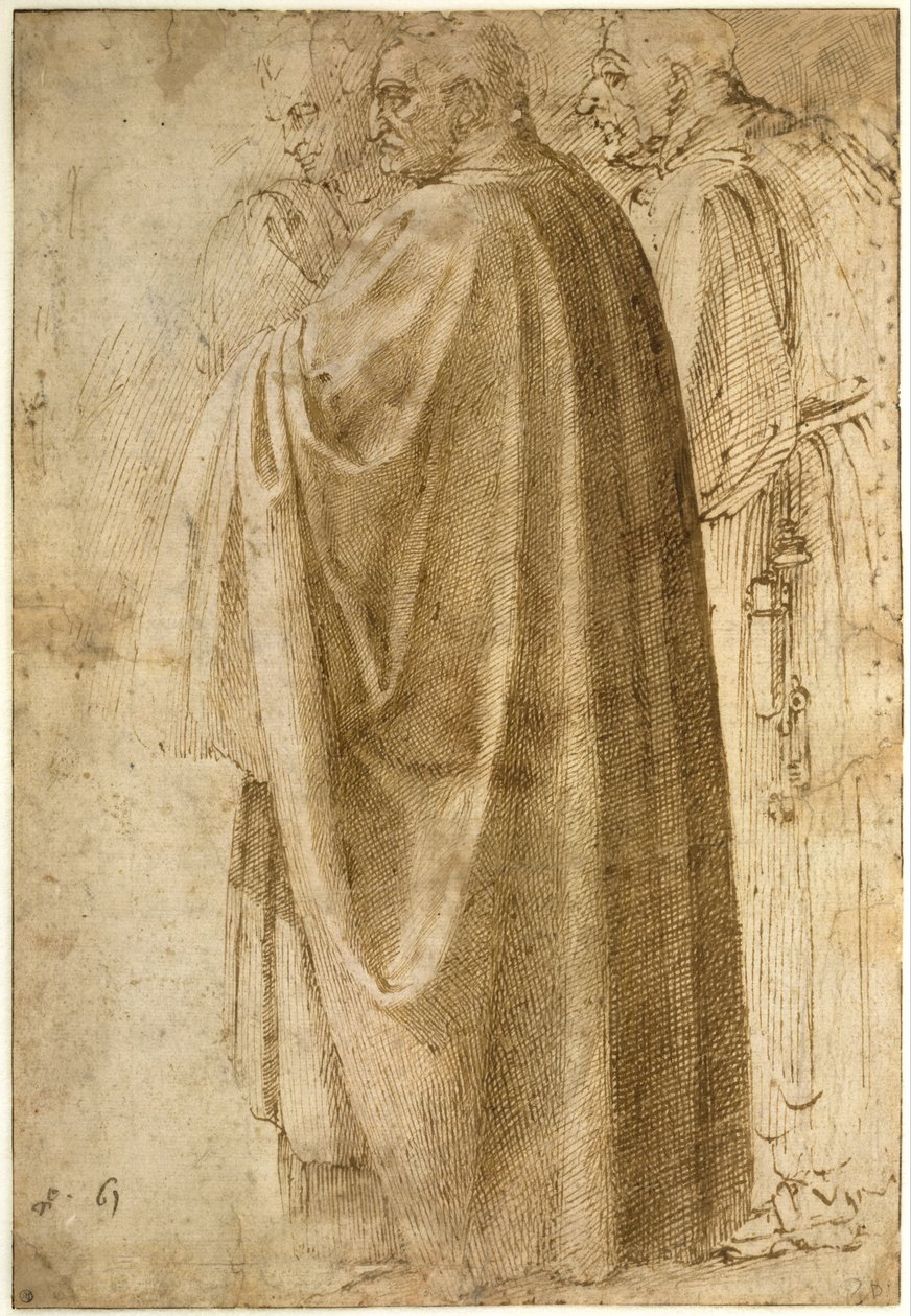 Trzech stojących mężczyzn w szerokich płaszczach autorstwa Michelangelo Buonarroti