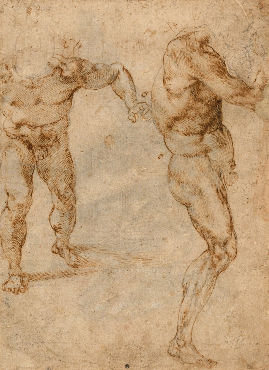 Dwa akty o mężczyźnie szturmującym naprzód i kolejny zwrot w prawo (odwrotność), c. 1504 autorstwa Michelangelo Buonarroti