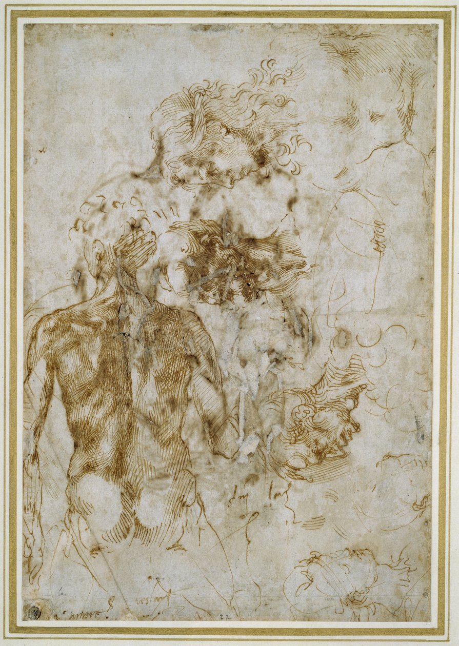 Różne badania postaci (pióro i brązowy tusz na papierze o złamanej bieli) autorstwa Michelangelo Buonarroti