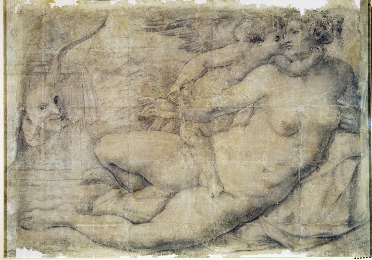 Wenus z Kupidynem (węgiel drzewny na papierze) autorstwa Michelangelo Buonarroti