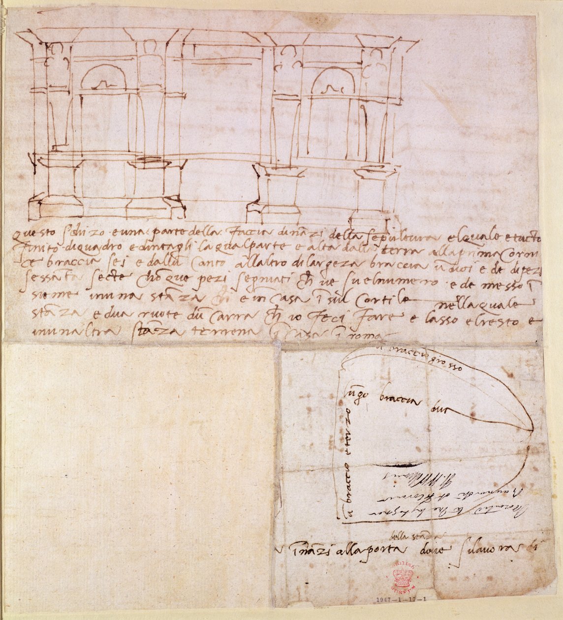 W.23r Szkic architektoniczny z notatkami (pióro i atrament) autorstwa Michelangelo Buonarroti