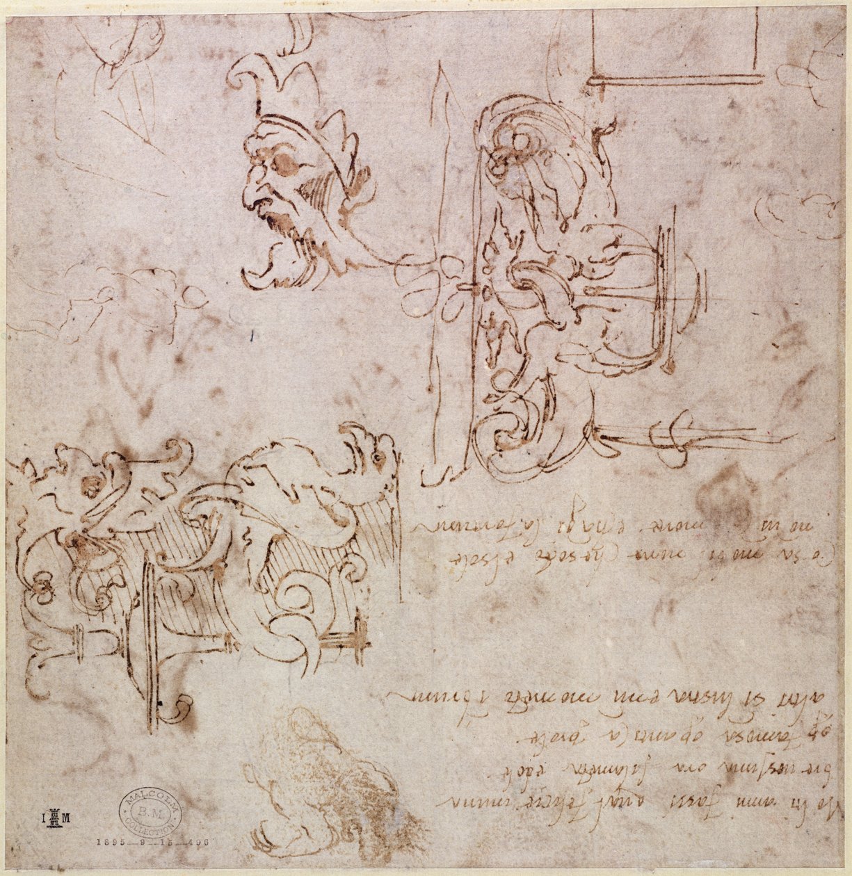 W.3v Z grubsza szkicowane projekty mebli i dekoracji (pióro i atrament) autorstwa Michelangelo Buonarroti