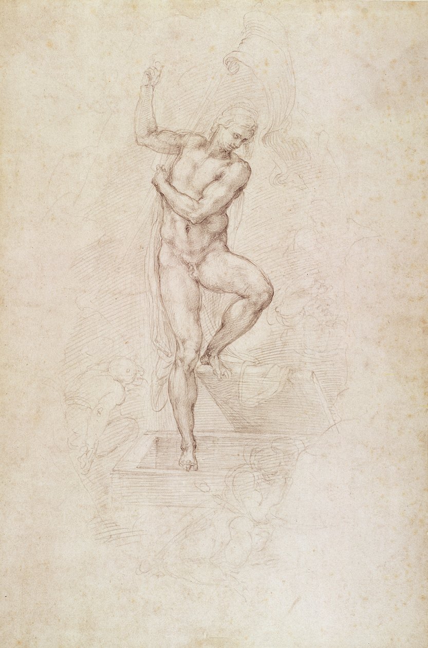 W.53r Chrystus Zmartwychwstały, studium do fresku Sąd Ostateczny w Kaplicy Sykstyńskiej, Watykan (ołówek) autorstwa Michelangelo Buonarroti