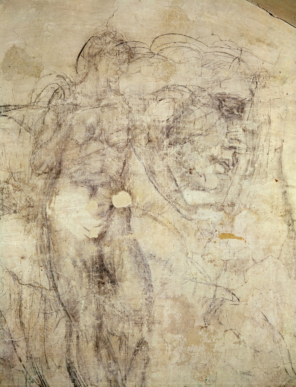 Rysunek ścienny przedstawiający postać kobiecą i głowę, ok. 1530 (węgiel na tynku) autorstwa Michelangelo Buonarroti