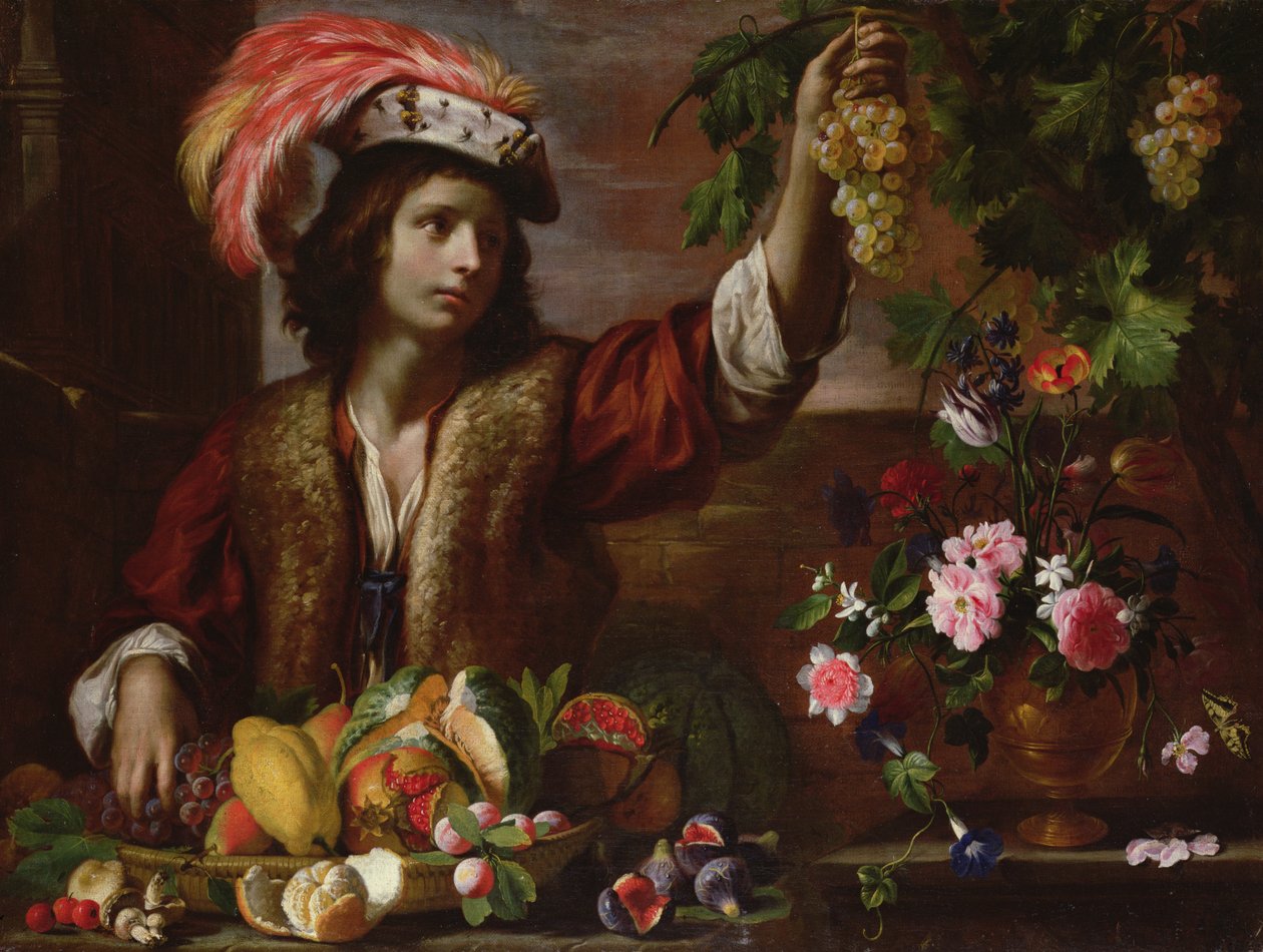 Młody mężczyzna w kapeluszu z piórami z martwą naturą autorstwa Michelangelo Cerquozzi