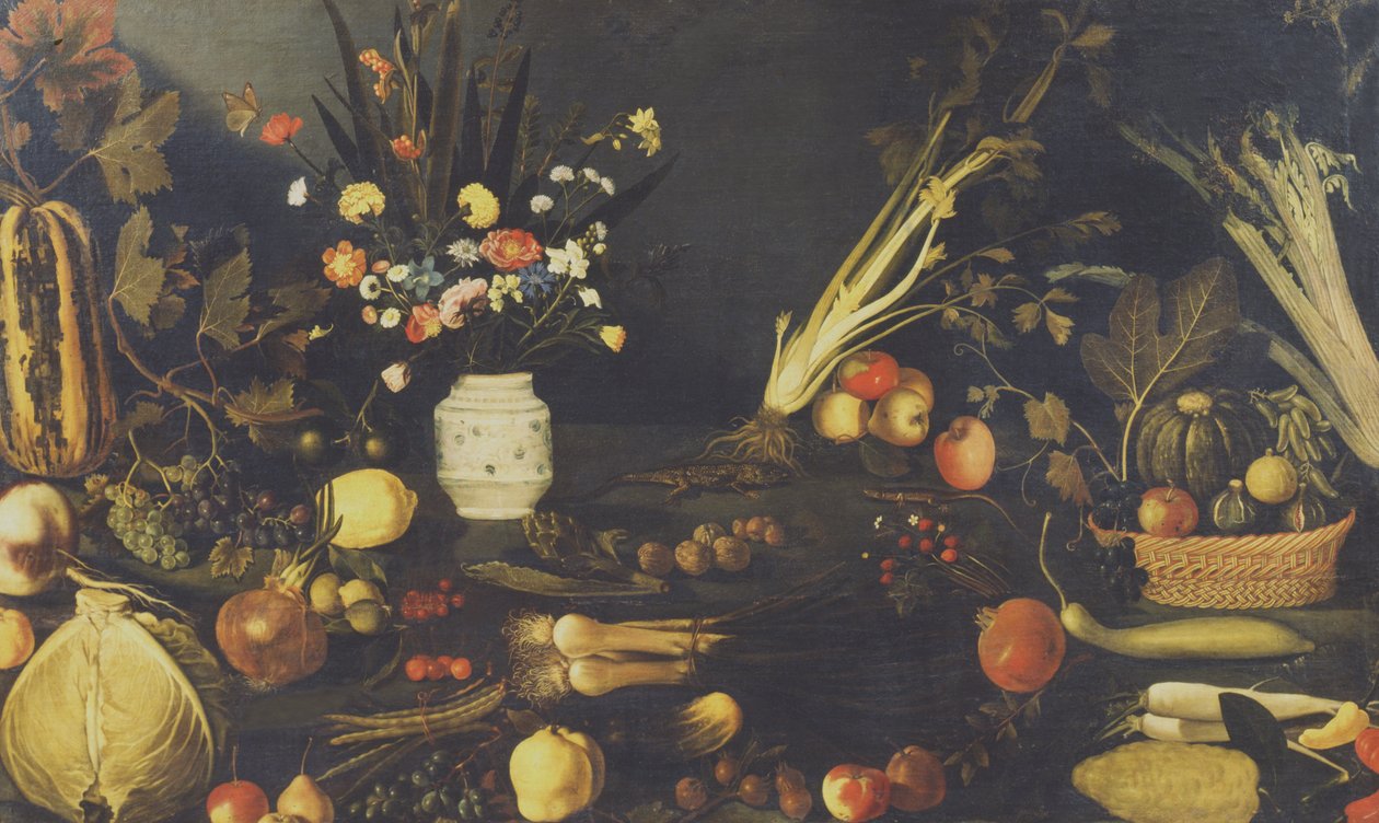 Martwa natura z kwiatami, owocami i warzywami, ok. 1594 r. autorstwa Michelangelo Merisi Caravaggio