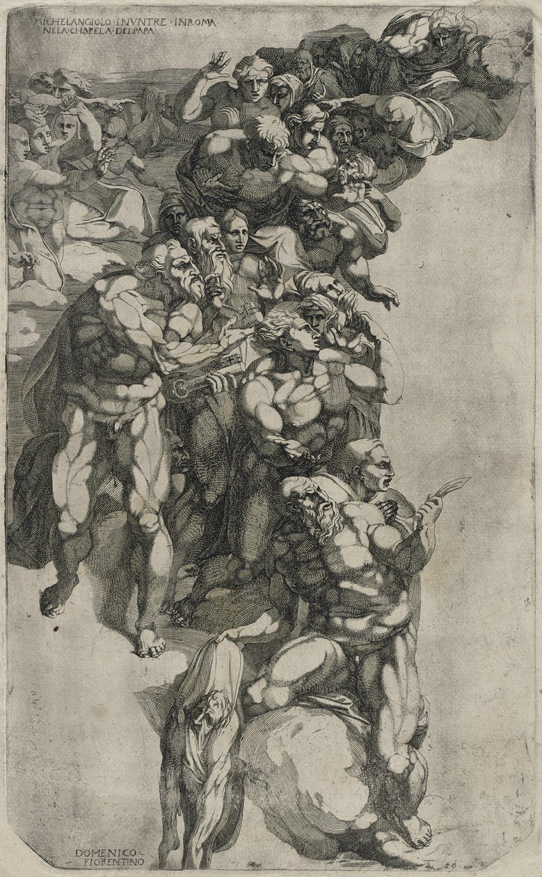 Grupa z Sądu Ostatecznego Michała Anioła, grawerowana przez Domenico del Barbiere, 1540-50 autorstwa Michelangelo after Buonarroti