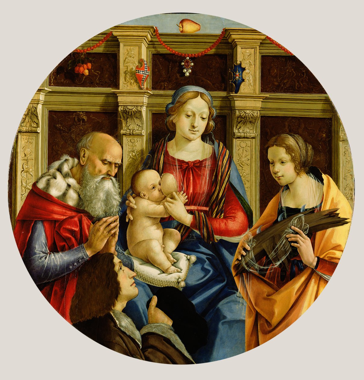 Madonna z Dzieciątkiem ze świętym mężczyzną, Katarzyną Aleksandryjską i darczyńcą, ok. 1500 (tempera na panelu) autorstwa Michelangelo di Pietro Membrini