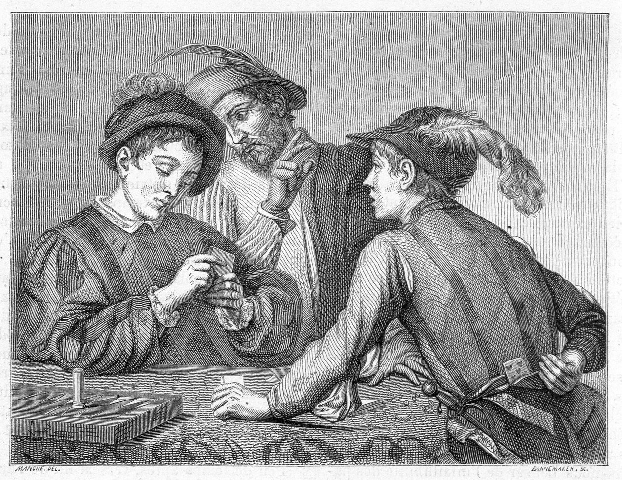 Oszuści. XIX-wieczny rycina przedstawiająca dzieło Caravaggia (il Caravaggio) około 1596 roku. autorstwa Michelangelo (after) Caravaggio