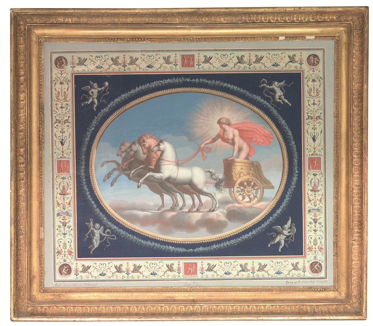 Jeden z czterech dekoracyjnych paneli przedstawiających Apolla, Marsa, Wenus i Merkurego w rydwanach, otoczonych pompejańskimi groteskami (akwarela na papierze). autorstwa Michelangelo (studio of) Maestri