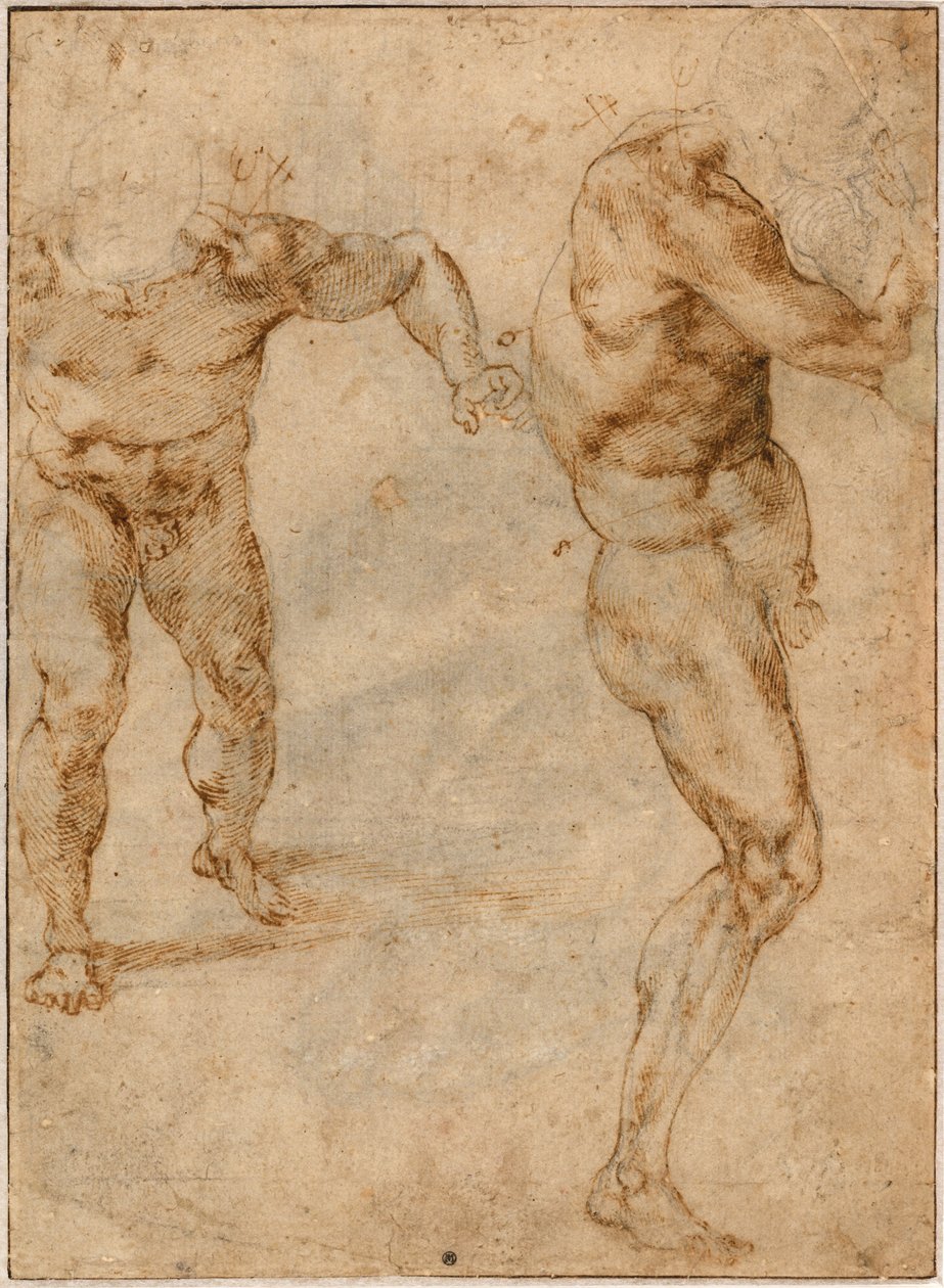Dwa studia nagości przedstawiające mężczyznę szturmującego do przodu i innego obracającego się w prawo autorstwa Michelangelo