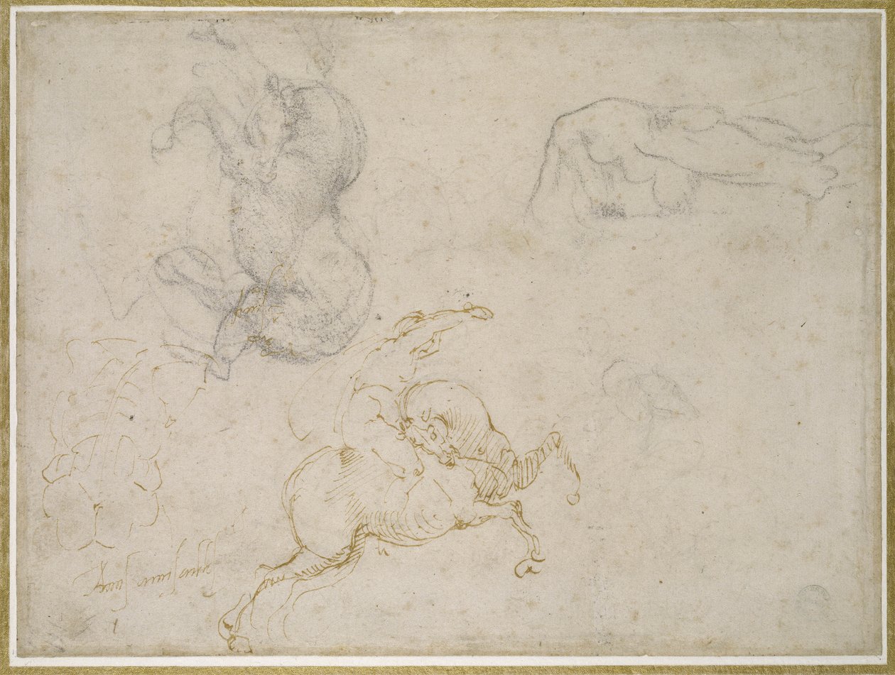 Ładowanie jeźdźca i inne badania (długopis i brązowy atrament z czarną kredą na złamanym papierze) autorstwa Michelangelo Buonarroti