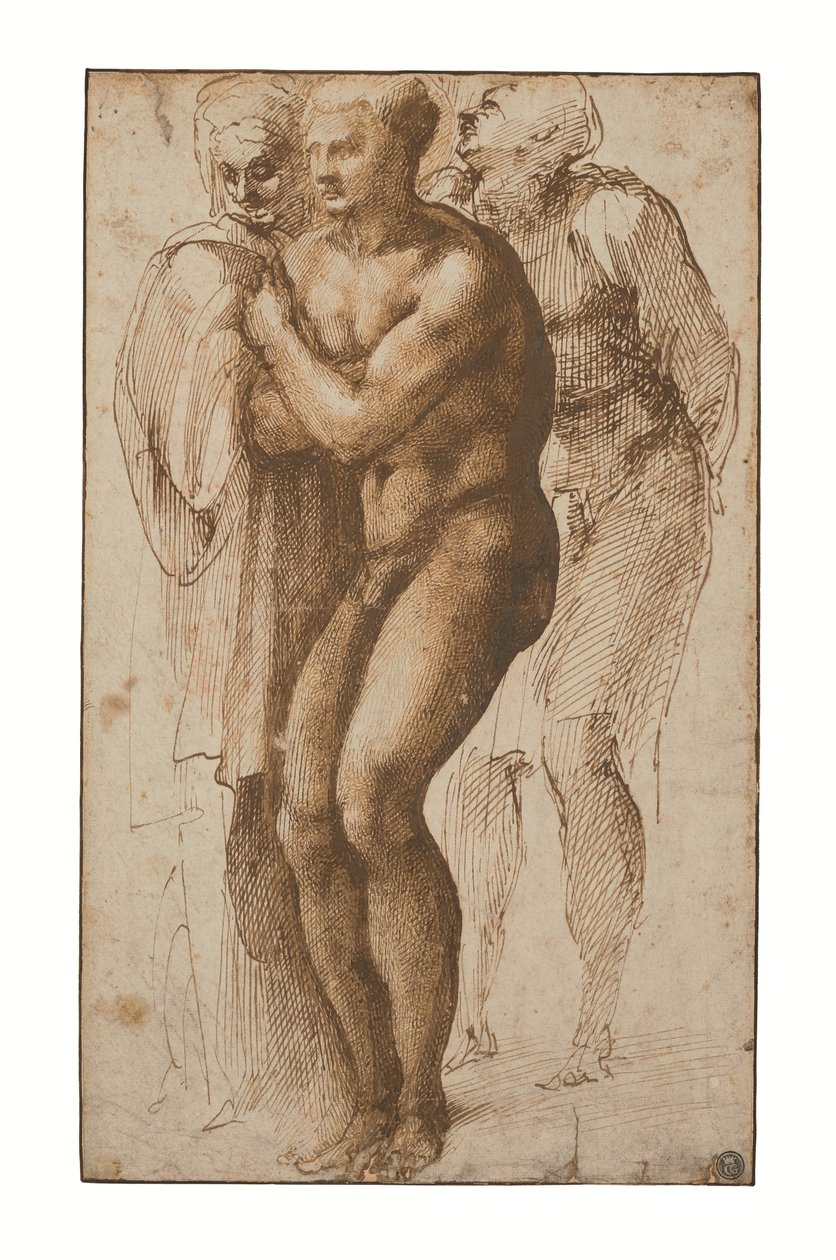 Nagi mężczyzna (wg Masaccio) i dwie postacie za nim (pióro i dwa odcienie brązowego tuszu, brązowy tusz, znak wodny) autorstwa Michelangelo Buonarroti