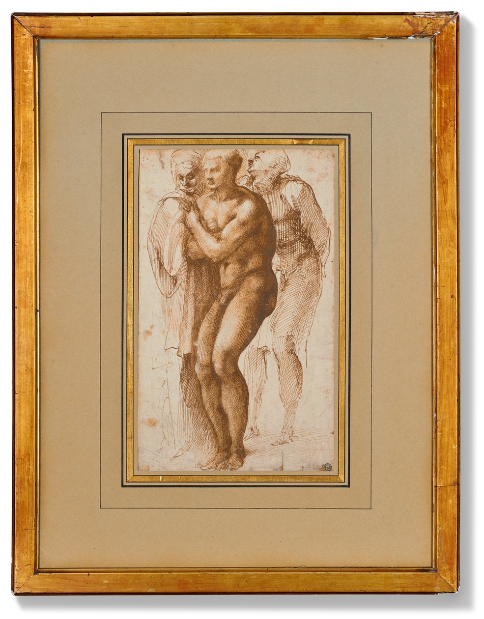 Nagi mężczyzna (wg Masaccio) i dwie postacie za nim (pióro i dwa odcienie brązowego tuszu, brązowy tusz, znak wodny) autorstwa Michelangelo Buonarroti