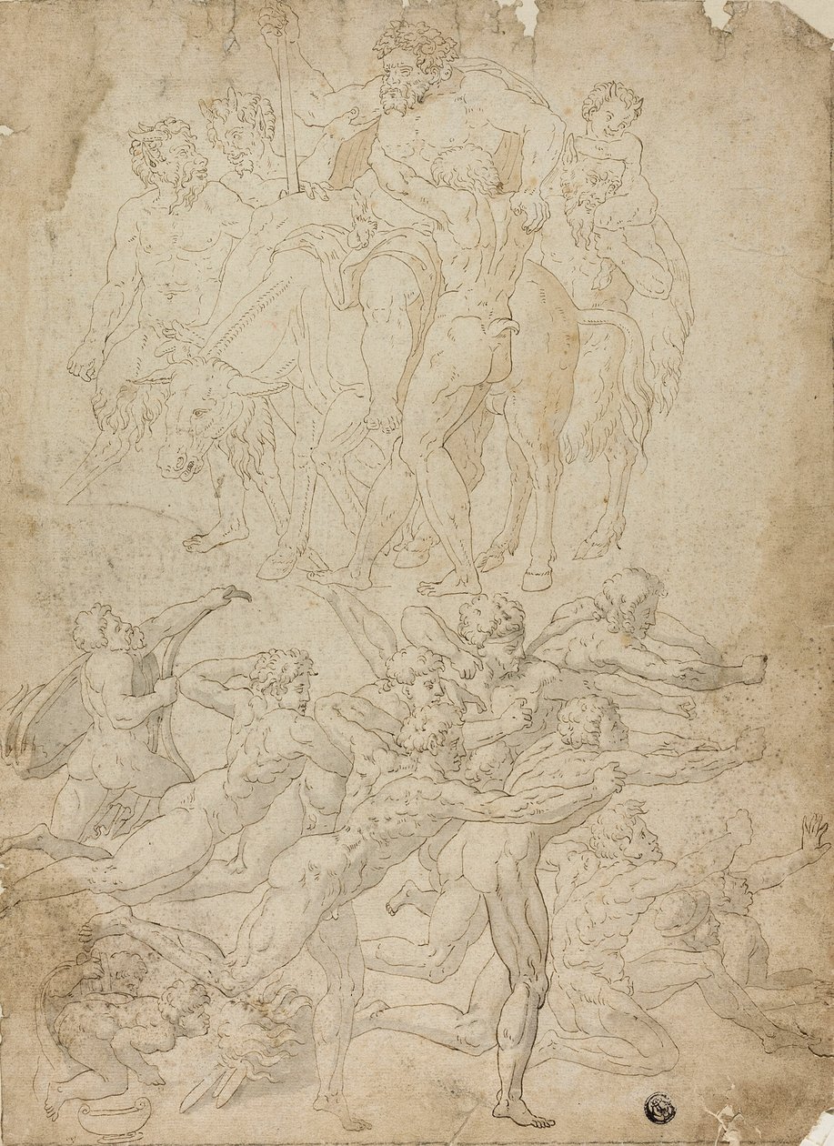 Łucznicy strzelający do Herma, Triumf Bachusa i inne studia autorstwa Michelangelo Buonarroti