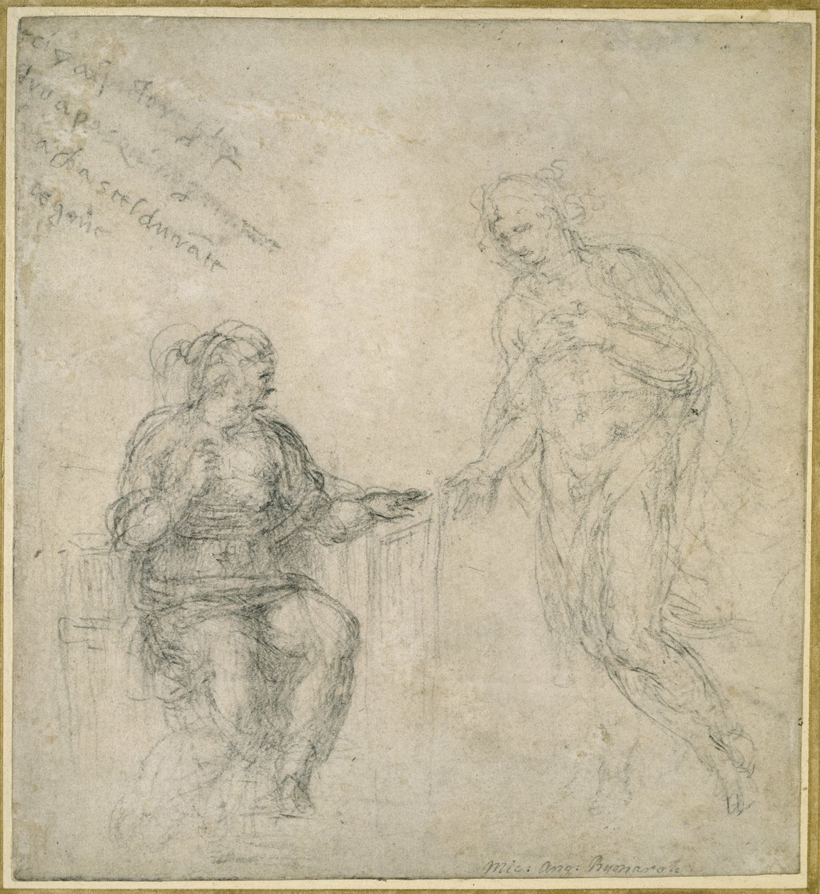 Chrystus żegnający się z Matką po Zmartwychwstaniu (czarna kreda na złamanym papierze) autorstwa Michelangelo Buonarroti