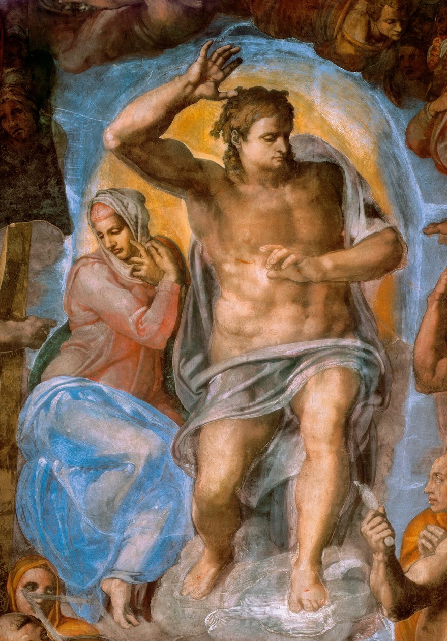 Szczegóły Sądu Ostatecznego: Chrystus Sędziowie. Fresk Michała Anioła Buonarrotiego, znany jako Michał Anioł (Michelangelo lub Michelangelo autorstwa Michelangelo Buonarroti