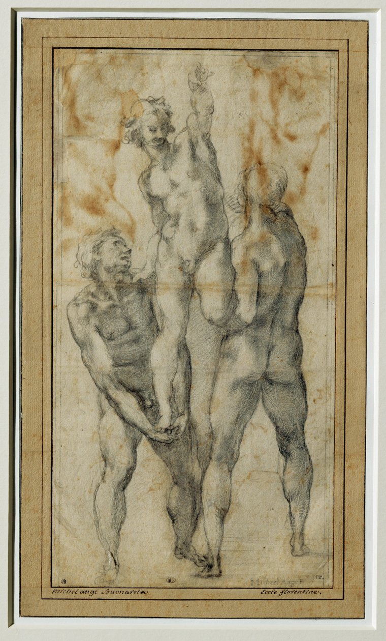Dwóch nagich mężczyzn podnoszących trzeciego, ok. 1502-06 ... autorstwa Michelangelo Buonarroti