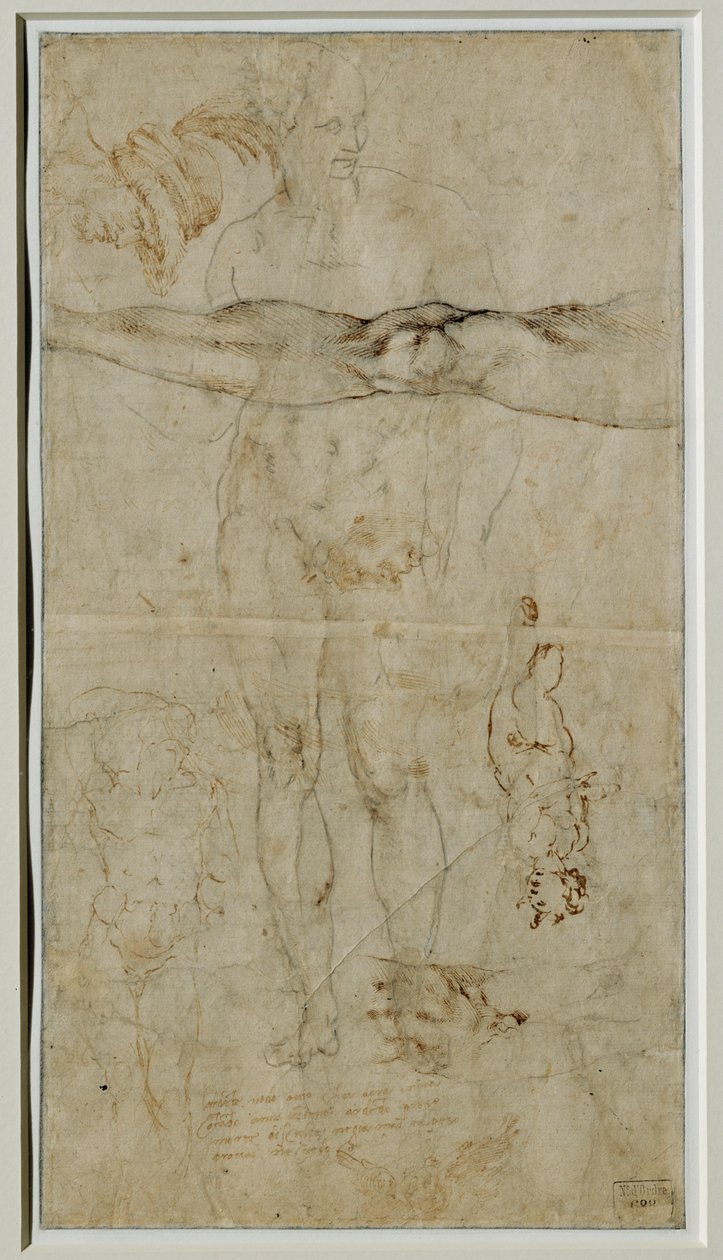 Różne studia postaci, napis oparty na sonecie Petrarki, około 1506 ... autorstwa Michelangelo Buonarroti