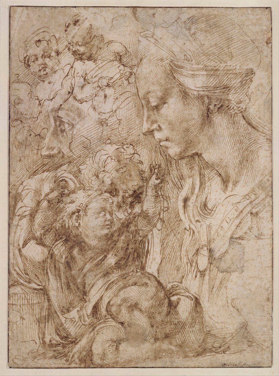 "Studia dla Świętej Rodziny z Janem Chrzcicielem jako Dzieciątkiem" (Studia dla Świętej Rodziny z Janem Chrzcicielem jako Dzieciątkiem) Rysunek Michelangelo Buonarroti (1475-1564) - 1505 - Pióro, pędzel, tusz indyjski na papierze wym. 28, 7x20 .9 cm Staatl autorstwa Michelangelo Buonarroti